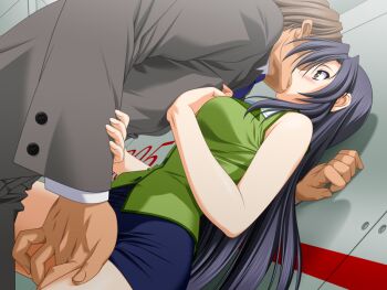 1boy 1girl 2000s_(style) against_wall age_difference bare_arms bare_shoulders black_hair blue_hair blue_necktie blue_skirt blush breasts brown_eyes brown_hair business_suit buttons clothed_sex clothes_lift collared_shirt cowboy_shot dutch_angle fingering formal_clothes from_side game_asset green_shirt grey_jacket grey_pants hetero indoors jacket kirisawa_ruruka kiss large_breasts long_hair long_sleeves looking_down mahou_senshi_(series) mahou_senshi_symphonic_knights miniskirt molestation necktie non-web_source official_art pants pencil_skirt profile reach-around saitou_natsuki self-datamine shirt short_hair sidelocks skirt skirt_lift skirt_suit sleeveless sleeveless_shirt standing straight_hair suit surprise_kiss surprised variant_set very_long_hair vest visual_novel_cg white_shirt wide-eyed