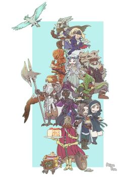 4girls 6+boys :t animal_head anniversary armor ascot bird bird_boy blindfold_mask blue_surcoat cake cake_slice chalkboard chewing chibi colored_skin commentary_request company_name duchess_(elden_ring) eagle eating elden_ring elden_ring_nightreign english_text everyone executor_(elden_ring) eye_mask food full_body green_hood grey_skin grin group_picture guardian_(elden_ring) half_eye_mask hat hat_over_eyes helmet highres holding holding_cake holding_food iron_menial ironeye_(elden_ring) mask multiple_boys multiple_girls ornate_clothes party_hat pen_(mipe) raider_(elden_ring) recluse_(elden_ring) revenant_(elden_ring) roast_chicken roasting scale_armor scholar_(elden_ring) shrimp signature simple_background skeleton smile table undertaker_(elden_ring) white_ascot winged_helmet wylder_(elden_ring) yellow_eyes yurie_mouth