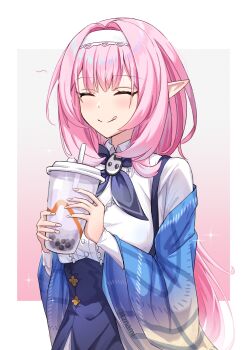 1girl :q ^_^ blue_jacket bubble_tea closed_eyes commentary cup elysia_(coco)_(honkai_impact) elysia_(honkai_impact) english_commentary hairband highres holding holding_cup honkai_(series) honkai_impact_3rd jacket medium_hair nami_(tznami) off_shoulder pink_hair pointy_ears shirt smile solo suspenders tongue tongue_out upper_body white_hairband white_shirt