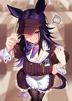 1girl animal_ears black_hair blush bow breasts brown_shirt brown_skirt choker cleavage closed_mouth coco's commentary_request fenomeno_(umamusume) flipped_hair hat highres holding holding_tray horse_ears horse_girl horse_tail large_variant_set long_hair multicolored_hair nebusoku puffy_short_sleeves puffy_sleeves purple_bow purple_eyes purple_hair shirt short_sleeves skirt smile speech_bubble tail tray umamusume variant_set visor_cap white_wrist_cuffs wrist_cuffs