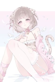 Rule 34 | 1girl, animal ears, arched bangs, bandaid, bandaid on finger, bandaid on hand, belt collar, blush, breasts, cleavage, closed mouth, collar, commentary request, crop top, detached sleeves, detached wings, garter straps, grey eyes, grey hair, hand up, highres, knees up, large breasts, looking at viewer, original, pill, short hair, single thighhigh, solo, tail, thighhighs, torn clothes, torn thighhighs, two side up, white thighhighs, wings, yu o015