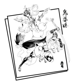 2girls armor ball bob_cut breasts commentary_request doujigiri_yasutsuna_(fate) duel fate/grand_order fate_(series) fingerless_gloves floating_hair gloves gourd highres japanese_armor large_breasts long_hair minamoto_no_raikou_(fate) minamoto_no_raikou_(first_ascension)_(fate) monochrome multiple_girls oni puffy_sleeves short_hair shuten_douji_(fate) shuten_douji_(first_ascension)_(fate) small_breasts tassel temari_ball user_xyhk8278