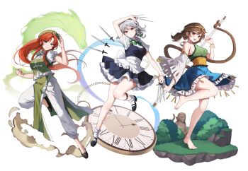 3girls :d absurdres barefoot beret between_fingers black_bow black_ribbon black_shoes blue_dress blue_eyes blue_skirt blue_vest bow bowtie braid breasts brown_hair chain circlet clenched_hand clock commentary_request detached_sleeves dragon dress eastern_dragon faux_figurine full_body green_bow green_bowtie green_dress green_hat green_vest grey_hair hair_bow hat hat_ornament highres holding holding_knife hong_meiling izayoi_sakuya knife korean_commentary loafers long_hair long_sleeves maid_headdress mary_janes medium_breasts medium_hair monkey monkey_tail multiple_girls neck_ribbon open_mouth pants pocket_watch ponytail puffy_short_sleeves puffy_sleeves red_eyes ribbon sarukana shirt shoes short_sleeves side_braids sideboob skirt smile socks son_biten star_(symbol) star_hat_ornament tail test_tube touhou vest watch white_background white_pants white_shirt white_sleeves white_socks wide_sleeves yellow_dress