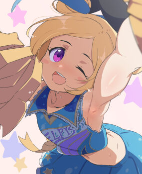 1girl arm_up armpits blush cheerleader collar commentary_request double_bun flying_sweatdrops hair_bun long_hair looking_at_viewer midriff monster_strike one_eye_closed open_mouth outstretched_arm pandora_(monster_strike) pom_pom_(cheerleading) purple_eyes sasasasa_tosh simple_background sleeveless smile solo star_(symbol) sweat upper_body