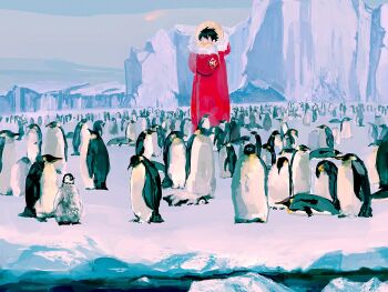 1boy animal arms_up bird black_hair coat commentary fur-trimmed_hood fur-trimmed_sleeves fur_trim hat highres hood hooded_coat ice iceberg leirion5 male_focus monkey_d._luffy one_piece outdoors penguin red_hood short_hair standing straw_hat symbol-only_commentary white_fur