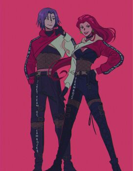 1boy 1girl absurdres blue_hair cropped_hoodie deitycyla earrings edie_crop_hoodie english_text full_body hand_on_own_hip highres hood hoodie james_(pokemon) jessie_(pokemon) jewelry long_hair magenta_background nintendo pink_background pokemon pokemon_(anime) red_hair short_hair simple_background standing tagme team_rocket