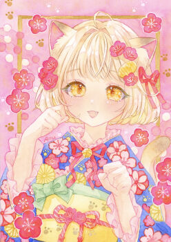 Rule 34 | 1girl, :d, absurdres, amu (m aa), animal ear fluff, animal ears, artist name, blonde hair, blush, bob cut, border, bow, cat day, cat ears, cat girl, cat tail, dot nose, fangs, green bow, green ribbon, hair ribbon, highres, japanese clothes, kimono, looking at viewer, maneki-neko, one paw pose, open mouth, orange eyes, original, outside border, painting (medium), paw print, pink lips, ribbon, sash, short hair, signature, smile, solo, tail, traditional media, upper body, watercolor (medium), yellow sash