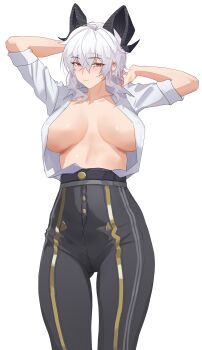 1girl absurdres arms_up black_horns black_pants breasts breasts_apart closed_mouth cowboy_shot curled_horns high-waist_pants highres horns large_breasts looking_at_viewer medium_hair open_clothes open_shirt pants red_eyes shirt simple_background solo tight_clothes tight_pants twentytwo_(twenty_zwei) white_background white_hair white_shirt wuthering_waves zani_(wuthering_waves)