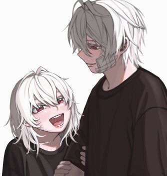 1boy 1girl :d aegyo_sal aged_down antenna_hair aohitsugi_nemu aohitsugi_samatoki black_shirt brother_and_sister bruise colored_eyelashes commentary_request empty_eyes eye_contact from_side gauze gauze_on_cheek grabbing_another&#039;s_arm hair_between_eyes half-closed_eyes height_difference highres hypnosis_mic injury light_blush looking_at_another medium_hair open_mouth profile raised_eyebrows red_eyes shirt short_hair short_sleeves siblings sidelighting simple_background smile t-shirt white_background white_hair you_emceez