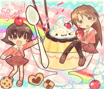 2000s_(style) 2girls :3 :d azumanga_daioh's_school_uniform azumanga_daiou beamed_eighth_notes black_hair black_thighhighs blush_stickers bow brown_eyes brown_hair brown_shoes checkerboard_cookie cherry chibi chibi_only chocolate_chip_cookie cookie cream cup dessert eighth_note english_text faux_retro_artstyle food food_on_head fruit fruit_on_head glasses hand_on_lap heart heart-shaped_cookie heart-shaped_food holding holding_cherry holding_food holding_fruit holding_spoon lace_trim long_hair long_sleeves medium_hair mizuhara_koyomi mugi_(mugi44i) multiple_girls musical_note object_on_head open_mouth pink_serafuku pink_shirt pink_shoes pink_skirt pink_socks pleated_skirt pocky pudding rainbow sailor_collar school_uniform serafuku shirt shoelaces shoes sitting skirt smile socks sparkle spoon sprinkles sweets takino_tomo thighhighs whipped_cream white_bow white_sailor_collar