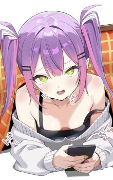 1girl absurdres barbell_piercing black_tank_top breasts cellphone center-flap_bangs cleavage double-parted_bangs ear_piercing earrings fang gradient_hair green_eyes green_nails grey_jacket hair_ornament hairclip heart heart-shaped_pupils highres holding holding_phone hololive implied_sex industrial_piercing jacket jewelry kotatsu long_hair looking_at_viewer lying multicolored_hair nail_polish nekonosuke off_shoulder on_stomach open_mouth paid_reward_available parallel_hairclips phone piercing pink_hair pink_nails pointy_ears purple_hair small_breasts smartphone solo strap_slip symbol-shaped_pupils table tank_top tokoyami_towa twintails under_kotatsu under_table virtual_youtuber