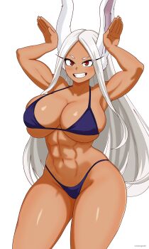 1girl :d abs absurdres animal_ears arms_up bikini blush boku_no_hero_academia breasts cleavage collarbone contrapposto dark-skinned_female dark_skin eclyart hands_up highres large_breasts long_eyelashes long_hair looking_at_viewer mirko muscular muscular_female navel open_mouth parted_bangs purple_bikini rabbit_ears rabbit_girl rabbit_pose red_eyes skindentation smile solo stomach swimsuit thick_thighs thighs twitter_username underboob very_long_hair white_hair