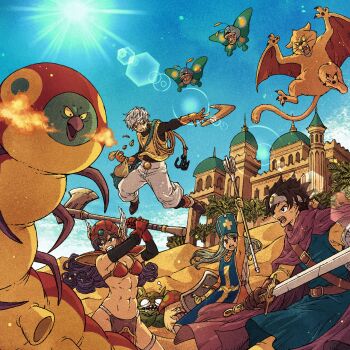 Rule 34 | 2boys, 2girls, armor, axe, bag, bare shoulders, battle, bikini armor, black hair, black shirt, blue hair, blue hat, blue tabard, blue tunic, bodysuit, boomerang, breasts, brown gloves, circlet, cleavage, clenched teeth, cloak, cross, desert, dragon quest, dragon quest iii, elbow gloves, furrowed brow, gem, gloves, grey hair, hat, helmet, highres, holding, holding axe, holding bag, holding staff, holding sword, holding weapon, long hair, medium breasts, mitre, monster, multiple boys, multiple girls, open mouth, orange bodysuit, outdoors, pants, pelvic curtain, priest (dq3), purple cloak, purple hair, red gloves, red helmet, roto (dq3), sand dune, shirt, short hair, shoulder armor, shouting, sideboob, staff, sweat, sword, tabard, teeth, thief (dq3), toriga, tunic, warrior (dq3), weapon, white pants, winged cat, winged helmet, yellow gem, yellow gloves, yellow shirt