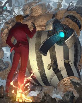 2boys black_gloves blonde_hair braid braided_ponytail cigarette commentary cyborg dinosaur english_commentary fat fat_man formal_clothes from_below gloves looking_at_another low_angle multiple_boys obese one_piece ponytail queen_(one_piece) red_suit runa_(nori31291404) sanji_(one_piece) short_hair smoking standing suit