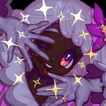 1girl \||/ dark-skinned_female dark_skin dress edari_ebi fascinator glint gloves gold_ring hands_up highres jacinthe_(pokemon) long_hair long_sleeves looking_at_viewer low_drills nintendo one_eye_closed open_mouth pokemon pokemon_legends:_z-a portrait purple_dress purple_eyes purple_hair smile solo sparkle star_(symbol) teeth upper_teeth_only very_dark_skin white_gloves