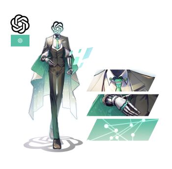 Rule 34 | 1boy, absurdres, android, brown coat, brown pants, brown shoes, brown vest, chatgpt, coat, coat on shoulders, collared shirt, full body, gradient pants, green necktie, green pants, highres, hologram, hoshi mori, lapels, long sleeves, necktie, notched lapels, object head, original, pants, personification, shirt, shoes, simple background, vest, white background, white shirt