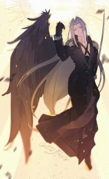 Rule 34 | 1boy, absurdres, aqua eyes, armor, black boots, black coat, black feathers, black gloves, black wings, boots, chest strap, coat, collarbone, collared coat, commentary, curtained hair, falling feathers, feathered wings, feathers, final fantasy, final fantasy vii, full body, gloves, grey hair, hanaon, hand up, head tilt, highres, holding, holding sword, holding weapon, long coat, long hair, looking at viewer, male focus, motion blur, parted bangs, partially unbuttoned, pauldrons, sephiroth, shoulder armor, single wing, smile, solo, sunburst, sword, twitter username, very long hair, weapon, wings, yellow background