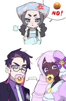 ... 1boy 2girls anger_vein angry ansha_(pokemon) apron bandana black_hair brooch collared_shirt corbeau_(pokemon) crossed_arms dark-skinned_female dark_skin donut dress emoji fascinator food food_in_mouth formal_clothes frills glasses highres imo24005 jacinthe_(pokemon) jewelry low_drills mega_stone multiple_girls necktie nintendo parted_hair pokemon pokemon_legends:_z-a purple_dress purple_eyes purple_hair purple_shirt shirt slit_pupils suit sweatdrop undercut very_dark_skin yellow_eyes