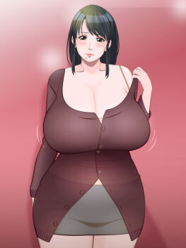 1girl black_hair blush bouncing_breasts bra bra_strap breasts cleavage curvy female_focus flying_tree_frog head_tilt hip_focus huge_breasts mature_female miniskirt mole see-through_clothes skirt solo standing underwear undressing wide_hips