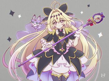 Rule 34 | 1girl, animal ear fluff, animal ears, antenna hair, aqua eyes, black bow, black capelet, black dress, black thighhighs, blonde hair, blush stickers, bow, brooch, capelet, closed mouth, commentary, cowboy shot, creature, crossed bangs, cure arcana shadow, diamond hairband, dress, earrings, fairy, film grain, forehead jewel, frilled capelet, frills, gem, gold trim, gradient hair, grey background, hair between eyes, hair bow, hair intakes, hairband, heart, heart-shaped blush stickers, heart brooch, highres, holding, holding staff, jewelry, legs together, long hair, looking at viewer, magical girl, mashu-tan, medium dress, meitantei precure!, moria luluka, multicolored hair, nail polish, pink hair, precure, purple eyes, purple fur, purple gem, purple nails, purple veil, sleeveless, sleeveless dress, smile, sparkle, sparkle background, staff, tear arcana rod, thighhighs, two-tone hair, veil, very long hair, white wrist cuffs, wrist cuffs, zerolay