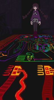 1girl bed bed_sheet bedroom black_pantyhose black_skirt boots braid brown_hair closed_mouth commentary crt dark door expressionless game_console highres indoors kalimba_(yume_nikki) long_hair looking_to_the_side madotsuki multicolored_skirt neon_trim pantyhose perspective print_skirt print_sweater purple_boots purple_sweater rug sidelocks skirt solo standing static sweater television twin_braids very_long_hair white_skirt yume_nikki zozoru