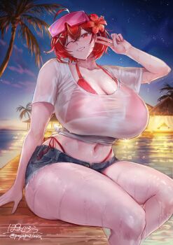 Rule 34 | 1girl, ahoge, bikini, bikini under clothes, blue shorts, blush, breasts, cleavage, commission, cutoffs, denim, denim shorts, flower, flower on head, highleg, highleg bikini, huge breasts, in water, lips, morning glory, navel, night, night sky, o-ring, o-ring bikini, ocean, one eye closed, original, outdoors, palm tree, pier, pink-tinted eyewear, popoyozirou, red bikini, red eyes, red hair, see-through clothes, see-through shirt, shirt, short hair, short shorts, shorts, side-tie bikini bottom, sitting, skeb commission, sky, smile, solo, sunglasses, sunglasses on head, swimsuit, t-shirt, thick thighs, thighs, tinted eyewear, tree, twitter username, v, v over eye, wet, wet clothes, wet shirt, whale tail (clothing), white shirt, wink
