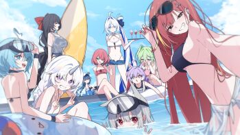 6+girls absurdres ahoge akane_lize animal_ear_fluff animal_ears aokumo_rin arahashi_tabi armpit_crease ayatsuno_yuni bangle bikini black_bikini black_hair blue_eyes blue_hair blue_jacket blue_ribbon blunt_bangs blush bow bracelet braid breasts brown_eyes cat_ears character_request check_character cloud cloudy_sky crossed_legs cup denim denim_shorts double_v drinking_glass eyewear_hang eyewear_on_head frilled_bikini frills gangzi_(vtuber) goggles goggles_on_head green_eyes green_hair grey_eyes grey_hair grin hair_between_eyes hair_bow hair_ornament hair_ribbon hairclip hanako_nana hat heart heart_ahoge heterochromia highleg highleg_bikini highres holding holding_removed_eyewear holding_surfboard holding_tray innertube jacket jewelry kneeling large_breasts long_hair looking_at_viewer mixed-language_commentary mmhomm mole mole_under_eye mouth_submerged mouth_under_water multicolored_hair multiple_girls navel neneko_mashiro off_shoulder one-piece_swimsuit open_mouth parted_bangs partially_submerged pink_hair pool purple_eyes purple_hair red_bikini red_bow red_eyes red_hair red_nails red_ribbon ribbon sarong school_swimsuit see-through_clothes see-through_shirt shirayuki_hina shirt short_hair shorts side_ponytail sideboob single_braid sitting sky small_breasts smile standing stellive streaked_hair sunglasses surfboard swept_bangs swim_ring swimsuit tenko_shibuki torn_clothes torn_shorts tray two-tone_hair unicorn_girl unworn_eyewear v very_long_hair virtual_youtuber wading white_bikini white_hair white_hat wine_glass yuzuha_riko