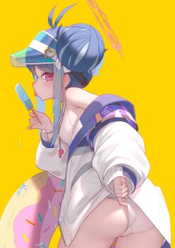 1girl absurdres adjusting_clothes adjusting_swimsuit akuma_(st.takuma) antenna_hair armband ass bare_shoulders blue_archive blue_armband blue_hair blue_visor breasts cameltoe commentary_request cowboy_shot donut_innertube double_bun food from_behind fubuki_(blue_archive) fubuki_(swimsuit)_(blue_archive) hair_bun hair_ribbon halo hand_up highres holding holding_food holding_popsicle innertube jacket leaning_forward loli long_hair long_sleeves looking_at_viewer looking_back melting_popsicle off_shoulder one-piece_swimsuit open_clothes open_jacket pink_halo popsicle puffy_long_sleeves puffy_sleeves red_eyes ribbon school_swimsuit sidelocks simple_background single_bare_shoulder small_breasts solo standing swim_ring swimsuit thighs tongue tongue_out visor_cap whistle whistle_around_neck white_jacket white_one-piece_swimsuit white_ribbon white_school_swimsuit yellow_background zipper
