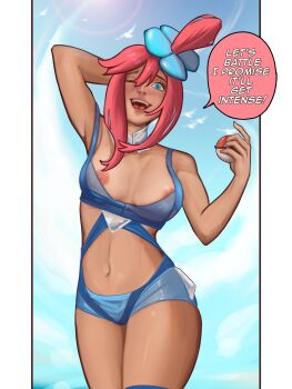 1girl blue_eyes blue_sky cloud crop_top dark-skinned_female dark_skin english_text hiatsz long_hair looking_at_viewer midriff nintendo nipples one_eye_closed poke_ball pokemon pokemon_bw red_hair shorts sky skyla_(pokemon) speech_bubble suspenders