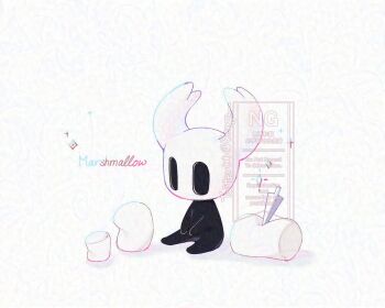 Rule 34 | 1other, black eyes, black skin, colored skin, commentary, eenqn, english commentary, english text, food, hollow eyes, hollow knight, horns, knight (hollow knight), marshmallow, nail (hollow knight), no cape, other focus, sitting, sparkle, watermark, white background