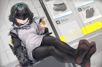 1girl arknights arknights:_endfield black_hair black_jacket closed_mouth commentary crossed_legs dress endministrator_(arknights) english_commentary english_text feet female_endministrator_(arknights) full_body hair_ornament highres indoors jacket k-rha's legs light_blush long_sleeves no_shoes open_clothes open_jacket pantyhose parted_lips short_hair shorts sitting solo sweater sweater_dress toes white_sweater