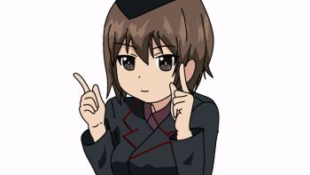 1girl animated animated_gif black_hat black_jacket brown_eyes brown_hair collared_shirt garrison_cap girls_und_panzer hat jacket kuromorimine_military_uniform military_uniform nishizumi_maho noriko_animation red_shirt shirt short_hair smile solo sparkling_daydream upper_body white_background