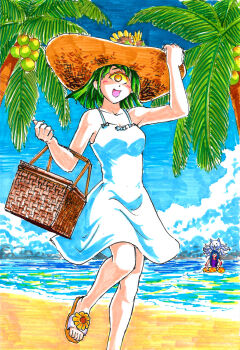 2girls :d adjusting_clothes adjusting_headwear bare_arms basket beach blue_hair blue_sky borrowed_character breasts cacodemon chimera cloud coconut_tree colored_sclera commentary commentary_request creature cyclops day demon_girl dog doom_(series) dress english_commentary evileye-tan foot_out_of_frame green_hair hand_on_headwear hat highres holding holding_basket holding_picnic_basket innertube looking_at_viewer medium_breasts multiple_girls octopus one-eyed open_mouth outdoors painting_(medium) palm_tree personification picnic_basket polka_dot polka_dot_innertube sand sandals short_hair signature sky smile solo_focus standing standing_on_one_leg straw_hat substance20 sun_hat swim_ring swimsuit toes traditional_media tree water watercolor_(medium) white_dress yellow_eyes yellow_sclera