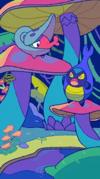 aaron_diamandis artist_name commentary_request fangs flower full_body gen_5_pokemon grass highres karrablast mushroom nintendo no_humans o3o on_mushroom open_mouth outdoors pokemon pokemon_(creature) pokemon_focus shell shelmet spanish_commentary water