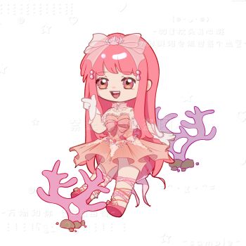 1girl absurdres bare_shoulders bead_bracelet beads bow bow_choker bowtie bracelet brown_eyes chibi chinese_commentary choker commentary_request commission coral detached_sleeves dress eyelashes flats footwear_bow frilled_choker frilled_dress frilled_sleeves frills gloves hair_bow hair_ornament happy highres infinity_nikki jewelry leg_ribbon long_hair long_sidelocks looking_ahead medium_dress nikki_(nikki) nikki_(series) open_mouth pink_bow pink_bowtie pink_dress pink_hair pink_ribbon pink_ribbon_waltz_(infinity_nikki) pink_shoes pink_sleeves pleated_dress pointing pointing_forward ribbon sample_watermark see-through_bow shell shell_hair_ornament shoes short_sleeves sidelocks simple_background smile solo straight_hair strapless strapless_dress teeth too_many_watermarks upper_teeth_only variant_set very_long_hair watermark white_background white_choker white_gloves yuanxiaotangyuan82251