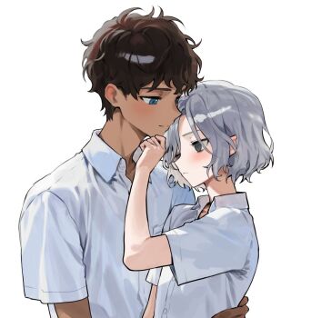 2boys bags_under_eyes black_eyes black_hair blue_eyes blush collared_shirt curly_hair dark-skinned_male dark_skin dungeon_meshi elf grey_hair hand_on_another&#039;s_chin hand_on_another&#039;s_waist kabru lazy_eye male_focus mayomayoland mithrun multiple_boys notched_ear pointy_ears shirt short_hair short_sleeves simple_background uneven_eyes upper_body white_background white_shirt yaoi