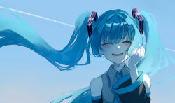 Rule 34 | 1girl, absurdres, bare shoulders, black sleeves, blue hair, blue necktie, blue sky, blush, clear sky, closed eyes, collared shirt, commentary, contrail, detached sleeves, facing viewer, floating hair, grey shirt, hair ornament, hand up, hatsune miku, highres, long hair, long sleeves, necktie, open mouth, saikisaika, shirt, sidelocks, sky, sleeveless, sleeveless shirt, smile, solo, straight-on, twintails, upper body, very long hair, vocaloid