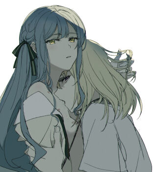 2girls absurdres bang_dream! bang_dream!_it's_mygo!!!!! black_collar black_ribbon blonde_hair blue_hair collar commentary fang hair_ribbon hand_in_another's_hair hickey highres long_hair looking_at_viewer medium_hair misumi_uika multiple_girls open_mouth purple_eyes rhapsode ribbon shirt sidelocks simple_background togawa_sakiko white_background white_shirt yellow_eyes yuri