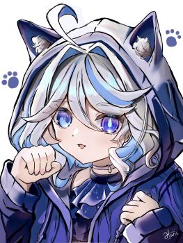 Rule 34 | 1girl, :3, absurdres, ahoge, alternate costume, animal ear fluff, animal ear hood, animal ears, artist name, ascot, blue ascot, blue eyes, blue hair, blue jacket, blue streaks, cat day, cat ears, check commentary, choker, commentary request, drop-shaped pupils, fake animal ears, furina (genshin impact), genshin impact, haru tuku, heterochromia, highres, hood, hood up, hooded jacket, jacket, long sleeves, looking at viewer, mismatched pupils, multicolored hair, open clothes, open jacket, open mouth, paw pose, paw print, portrait, short hair, signature, simple background, solo, streaked hair, symbol-shaped pupils, white background, white hair