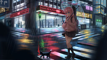 1girl absurdres black_shoes black_socks blue_eyes bocchi_the_rock! cat chinese_commentary closed_mouth commentary_request crosswalk full_body gotoh_hitori guitar_case highres holding holding_umbrella instrument_case jacket light_smile loafers long_hair long_sleeves miniskirt night outdoors pink_hair pink_jacket pleated_skirt power_lines rain road road_sign shoes sign skirt socks solo straight_hair street tbyjpg track_jacket traffic_light transparent transparent_umbrella umbrella urban utility_pole walking
