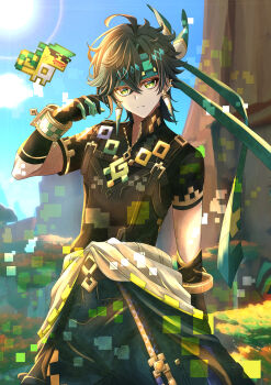 Rule 34 | 1boy, ajaw (genshin impact), aqua gloves, aqua headband, aqua pants, black gloves, black hair, black shirt, closed mouth, crossed bangs, day, frown, genshin impact, gloves, green eyes, headband, highres, kinich (genshin impact), large earrings, looking at viewer, male focus, nakura haru, outdoors, pants, shirt, short hair, short sleeves, solo, spiked ear piercing, sunlight, two-tone gloves