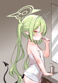 1girl absurdres bare_arms bare_shoulders blue_archive blush brown_background brushing_teeth commentary cowboy_shot cunvaroy demon_tail english_commentary expressionless flat_chest from_side gradient_background green_hair green_halo halo highres holding holding_toothbrush loli long_hair looking_at_viewer looking_to_the_side mirror mixed-language_commentary naked_towel notice_lines nozomi_(blue_archive) pointy_ears simple_background sink solo tail toothbrush towel twintails variant_set very_long_hair yellow_eyes