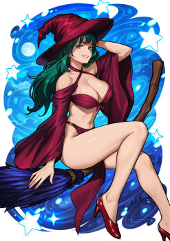 1girl bare_legs breasts broom broom_riding cleavage commentary duel_monster english_commentary green_eyes green_hair hat highres large_breasts legs long_hair long_sleeves looking_at_viewer mystical_sand navel patreon_username red_hat red_shoes red_sleeves redjet shoes smile solo star_(symbol) thighs witch_hat yu-gi-oh!