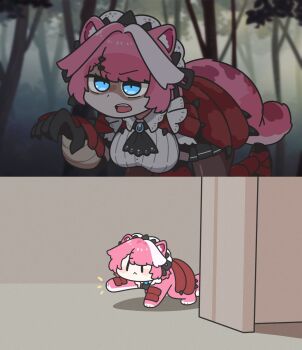 1girl animal_ears black_gloves blue_eyes cat_ears cat_girl cat_tail commentary dress english_commentary gloves highres hololive hololive_english looking_at_viewer official_alternate_costume pink_hair raora_panthera raora_panthera_(rathalos) red_dress solo tail triangle_mouth underdatv virtual_youtuber white_streaks