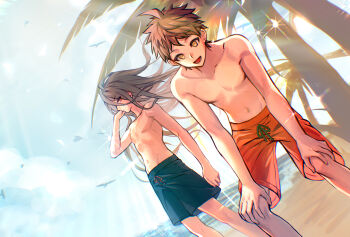 2boys ahoge beach bird black_hair black_swim_trunks brown_hair cloud cyacyacyacyaki danganronpa_(series) danganronpa_2:_goodbye_despair drawstring dual_persona hands_on_own_knees highres hinata_hajime kamukura_izuru long_hair male_focus male_swimwear multiple_boys navel obliques ocean outdoors palm_tree red_eyes shore short_hair sky sparkle swim_trunks tree yellow_eyes