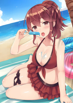 1girl absurdres alternate_costume anna_(fire_emblem) arm_support armpit_crease bare_arms bare_legs bare_shoulders beach bikini blush breasts cloud collarbone cosplay eating female_corrin_(fire_emblem) female_corrin_(fire_emblem)_(cosplay) fire_emblem fire_emblem_fates fire_emblem_heroes food food_on_body food_on_breasts hair_between_eyes highres ice_cream innertube large_breasts looking_at_viewer lying mizunashi_kenichi nintendo non-web_source ocean on_side open_mouth outdoors palm_tree ponytail popsicle red_bikini red_eyes red_hair ribbon sidelocks skindentation solo stomach swim_ring swimsuit thigh_strap thighs tongue tongue_out towel tree