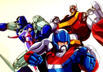 1980s_(style) 1boy 1girl armor baikanfu bodysuit brown_eyes brown_hair full_body habara_nobuyoshi helmet highres kenryuu_(machine_robo) leina_stol long_hair machine_robo machine_robo_chronos_no_dai_gyakushuu mecha official_art oldschool open_mouth power_armor retro_artstyle robot rom_stol simple_background skirt smile white_background