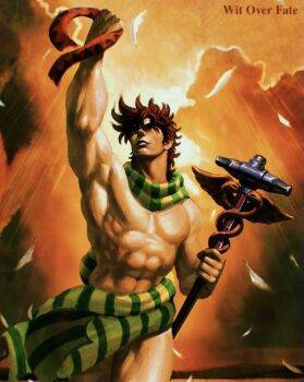 1boy abs battle_tendency brown_hair cloud commentary english_commentary feathers green_scarf hammer headband highres holding holding_hammer holding_headband holding_staff jojo_no_kimyou_na_bouken joseph_joestar joseph_joestar_(young) male_focus manly muscular muscular_male parody pectorals scarf scourgeanti solo staff striped_clothes striped_scarf sunset topless_male