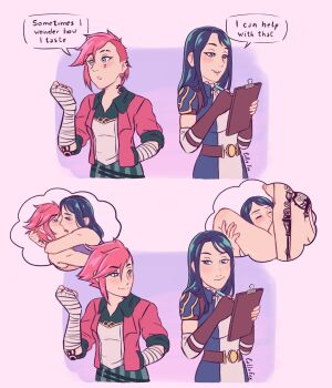 2girls arcane:_league_of_legends arcane_caitlyn arcane_vi arm_tattoo arms_around_neck back_tattoo belt blue_jacket blush breasts brown_gloves caitlyn_(league_of_legends) cally_fox clipboard closed_eyes closed_mouth commentary cunnilingus english_commentary english_text fingerless_gloves french_kiss gloves highres holding holding_clipboard jacket kiss league_of_legends long_hair looking_at_another medium_breasts multiple_girls nipples oral parted_lips purple_background purple_hair red_hair red_jacket shirt short_hair smile speech_bubble tattoo thought_bubble two-tone_background undercut vi_(league_of_legends) white_shirt wrist_wrap yuri