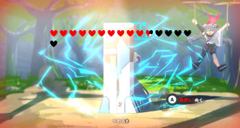 2girls aqua_halo aris_(blue_archive) bandaid bandaid_on_leg black_skirt blue_archive commentary halo heart highres japanese_clothes miaki_(mi_autumn39) michiru_(blue_archive) multiple_girls nintendo outdoors parody railgun rectangular_halo red_halo shirt skirt the_legend_of_zelda the_legend_of_zelda:_breath_of_the_wild translation_request user_interface weapon white_shirt wide_sleeves